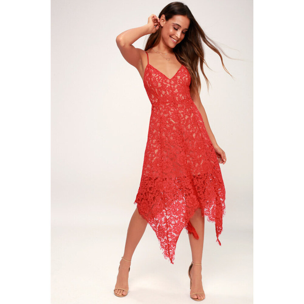 Lulus One Wish Red Lace Midi Dress - Size Large